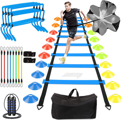 Speed Agility Training Equipment Set - Includes Agility Ladder, Running Parachute, 8 Resistance Bands,20 Cones, 4 Hurdles, Jump Rope for Training Football, Soccer, Basketball Athletes