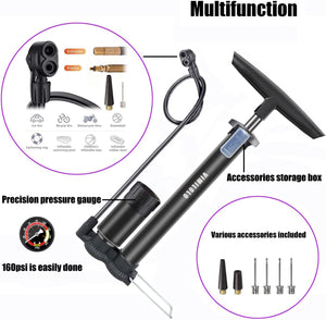 Bike Pump Portable, Ball Pump Inflator Bicycle Floor Pump with High Pressure Buffer Easiest Use with Both Presta and Schrader Bicycle Pump Valves-160Psi Max