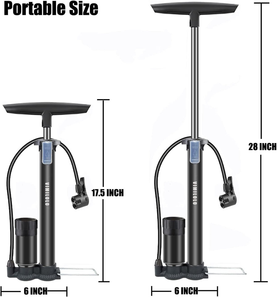 Bike Pump Portable, Ball Pump Inflator Bicycle Floor Pump with High Pressure Buffer Easiest Use with Both Presta and Schrader Bicycle Pump Valves-160Psi Max