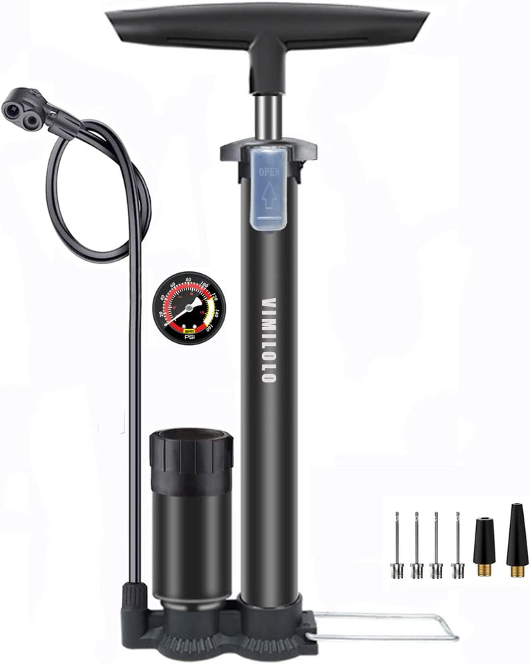 Bike Pump Portable, Ball Pump Inflator Bicycle Floor Pump with High Pressure Buffer Easiest Use with Both Presta and Schrader Bicycle Pump Valves-160Psi Max