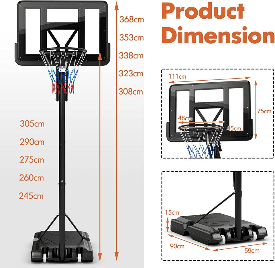 Basketball Hoop Stand, 8-10Ft/2.45-3.05M（Floor to Ring）Height Adjustable Basketball Hoop System W/ 44" Backboard, Fillable Base, Wheels & Secure Bag, Indoor Outdoor Basketball Goal Game